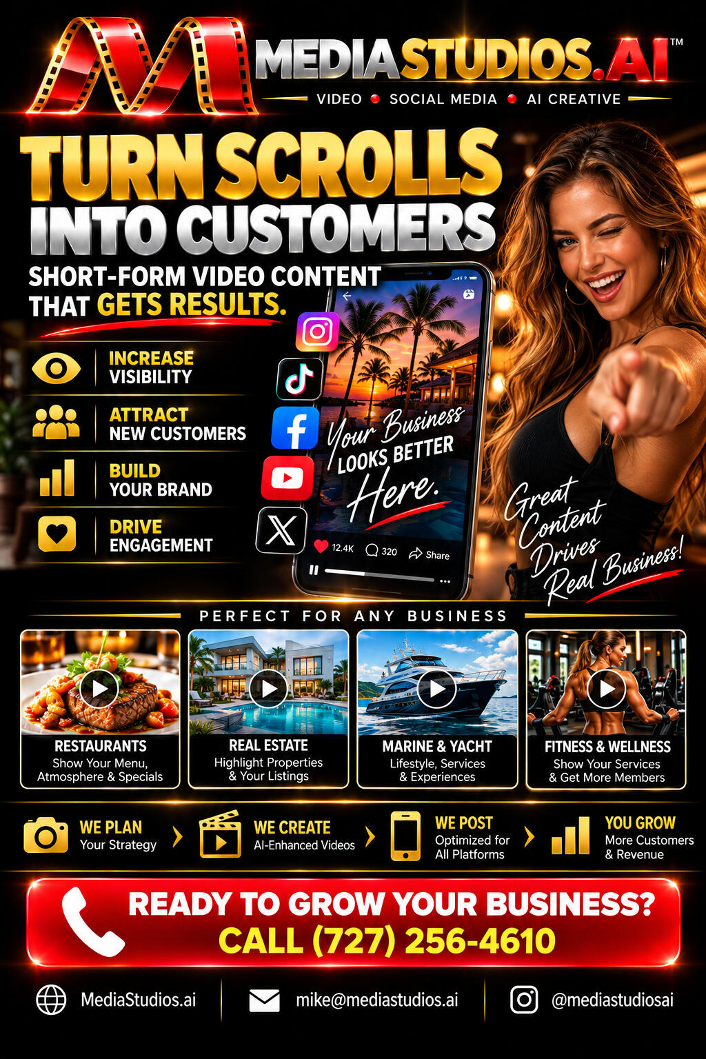 Short-Form Video Marketing & Social Media | Media Studios AI Attract more customers with AI-enhanced short-form videos, Instagram Reels, TikTok content and YouTube Shorts for restaurants, real estate and local businesses.