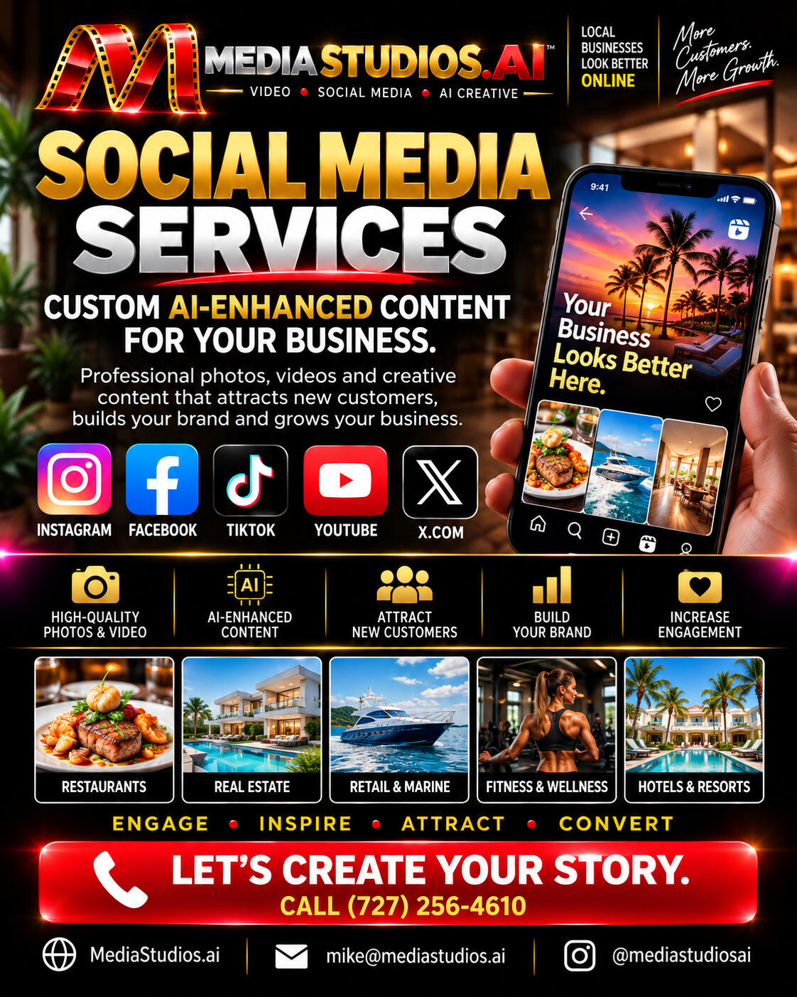 Grow your business with professional social media services, AI-enhanced photos, videos and branded content for Instagram, Facebook, TikTok and YouTube.